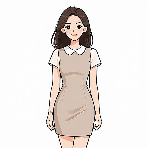 Digital anime-style drawing of a smiling young woman with long black hair, wearing a beige dress over a white shirt, standing against a plain white background.