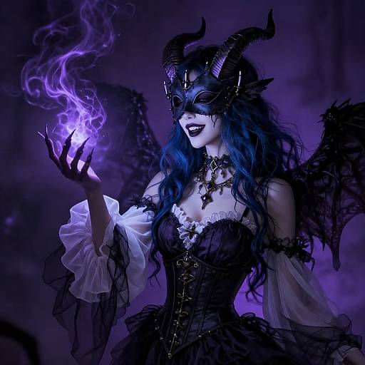 Digital artwork of a dark, demon-like woman with blue hair, black horns, wings, and a mask, holding a glowing purple flame. She wears