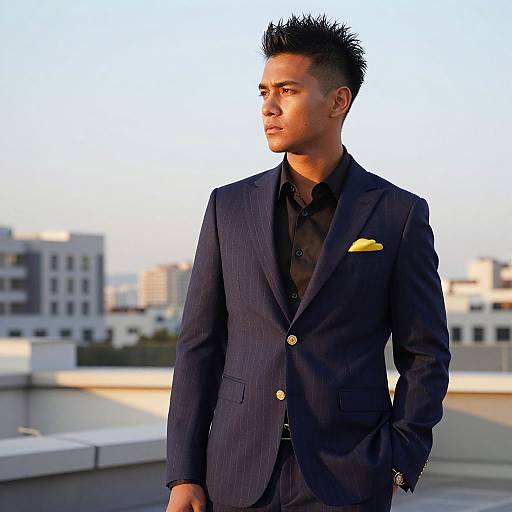 Photograph of a young Asian man with spiked black hair, wearing a navy pinstripe suit, black shirt, and yellow pocket square, standing on