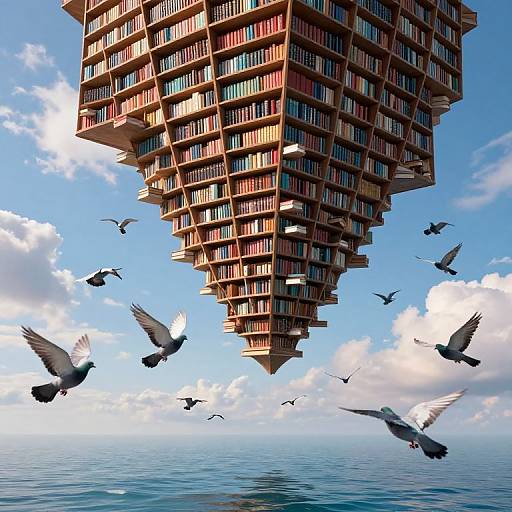 Photograph-like digital art of a massive, cubic, multi-story book-filled building floating in a bright blue sky with white clouds, surrounded by flying se