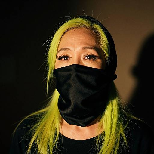 Photograph of a woman with neon yellow hair, wearing a black mask and black shirt, against a dark background with dramatic lighting.