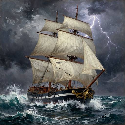 Stormy seascape painting: dramatic, three-masted ship with billowing white sails, lightning illuminating dark, turbulent clouds, waves crashing fiercely.