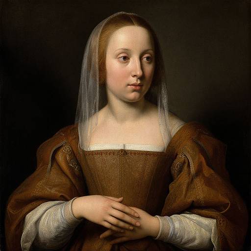 Photorealistic oil painting of a pale-skinned, young woman with light brown hair, wearing a brown, puffed-sleeve dress and translucent