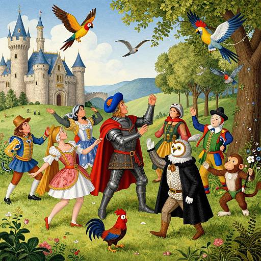 Colorful digital illustration of a medieval fair with knights, princesses, birds, a monkey, and a castle, dancing in a lush green garden.