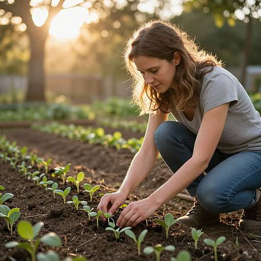 Photograph of a young woman with wavy brown hair, wearing a gray t-shirt and blue jeans, crouching in a sunlit garden,