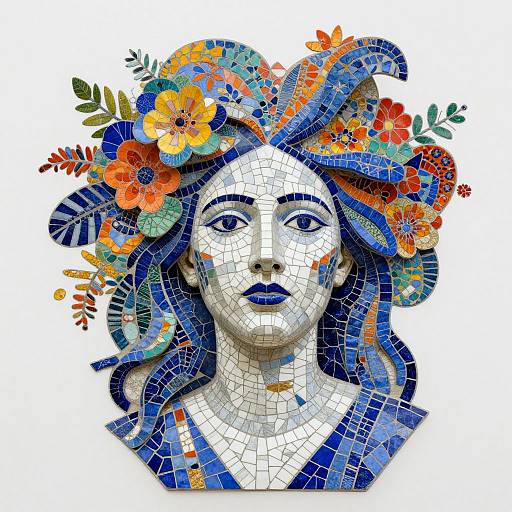 Surreal Mosaic Bust with Floral Hair