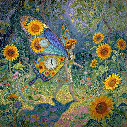 Vibrant digital painting of a fairy with blue and yellow butterfly wings, wearing a yellow dress, walking through a whimsical sunflower-filled forest.