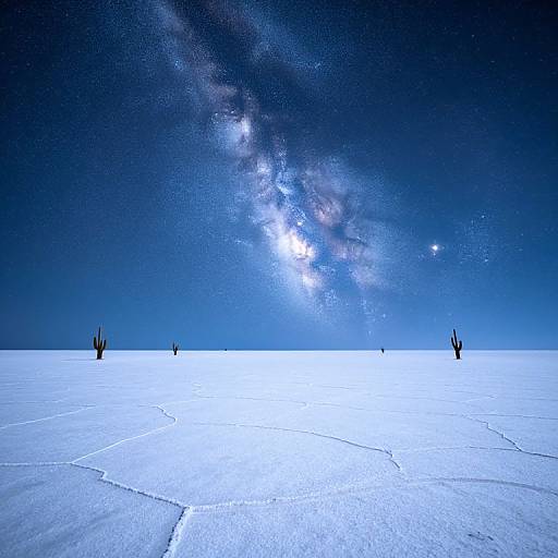 Photograph of a surreal, blue-toned desert landscape with cracked white ground and sparse cacti under a starry, galaxy-filled night sky.