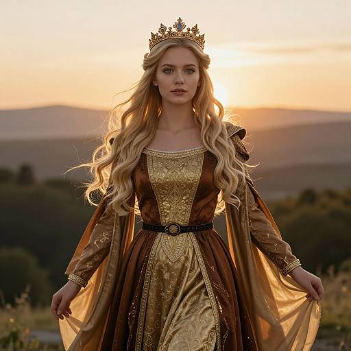 Photograph of a blonde woman with long wavy hair, wearing a gold and brown ornate dress, crown, and belt, standing in a sun