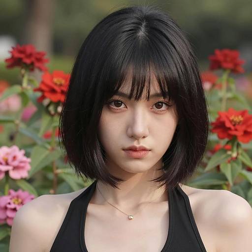 Woman with Black Bob Haircut in Garden