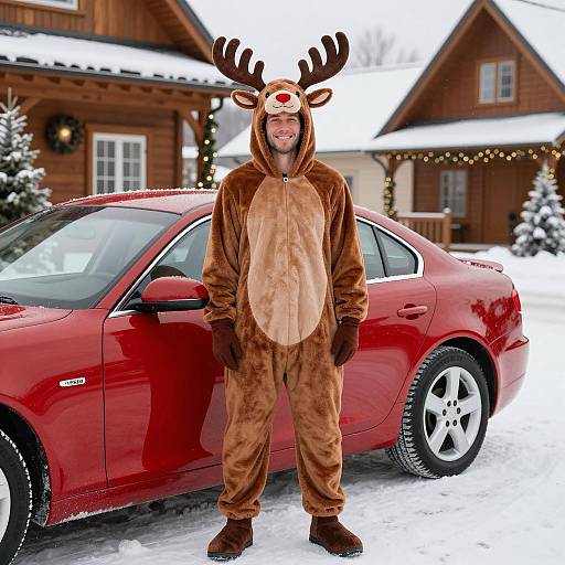 Man in Reindeer Costume by Red Car in Snowy Winter
