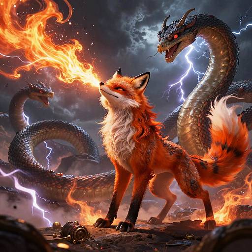 Vibrant digital artwork of a fiery red fox standing defiantly before two menacing, lightning-embued serpents in a stormy, fiery