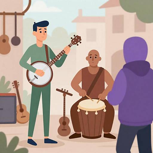 Street Musicians Playing Banjo and Drum
