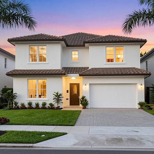 Photograph of a two-story white stucco house with a brown tiled roof, warmly lit windows, and a neat front yard at sunset.