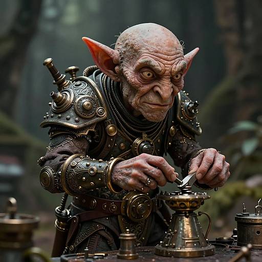 Photorealistic CGI of a sinister, bald, wrinkled, elf-like wizard with large ears, wearing ornate, steampunk armor, brewing