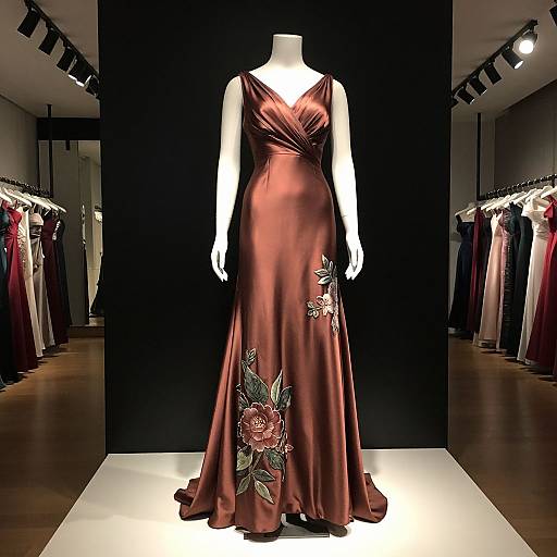Photograph of a mannequin in a sleeveless, deep red satin evening gown with floral embroidery, displayed in a dimly lit boutique with other
