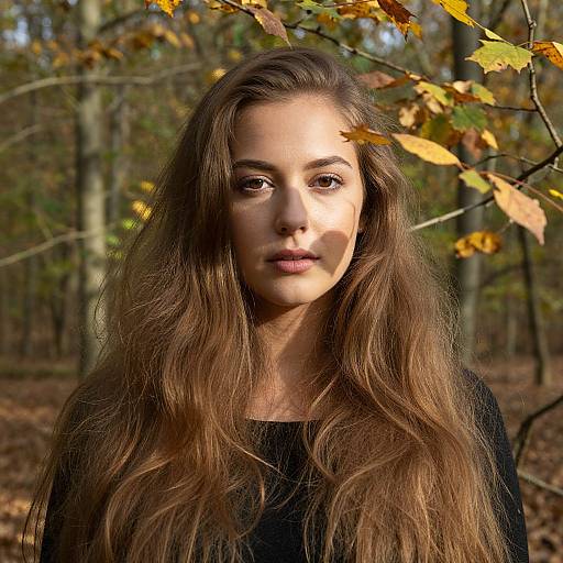 Photograph of a young woman with long, wavy brown hair, wearing a black top, standing in a sunlit forest with autumn leaves.