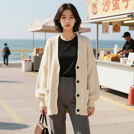 Slim Woman in Minimalist Seafront Style