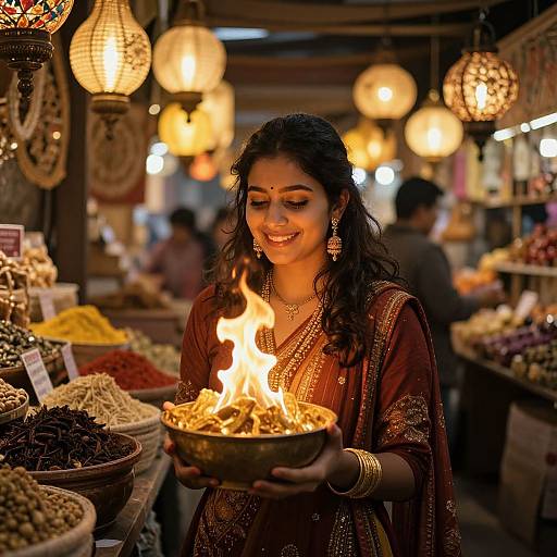 Photograph of a smiling Indian woman with dark hair, wearing a maroon saree, holding a bowl with a flame, in a warmly lit market
