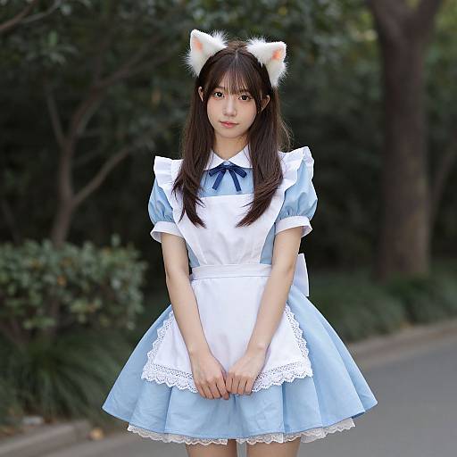 Photograph of an Asian woman with long black hair, wearing a blue and white maid outfit with cat ears, standing in a park.