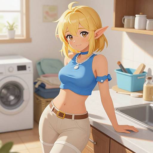 Anime-style digital drawing of a blonde elf girl with pointed ears, blue crop top, white pants, leaning on kitchen counter. Sunlit laundry room background