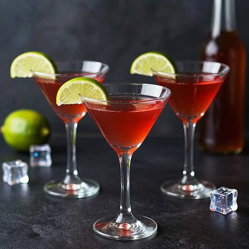 Photograph of three martini glasses with red cocktails, lime wedges, and ice cubes on a black surface, with a whole lime and bottle in