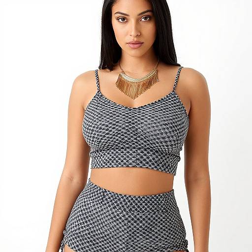 Photograph of a young woman with long black hair, brown skin, wearing a black-and-white houndstooth crop top and skirt, and a