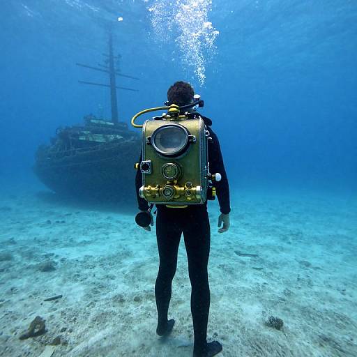 Photograph of a scuba diver with a gold underwater camera, facing a sunken ship in a blue, sandy ocean. Bubbles rise from the