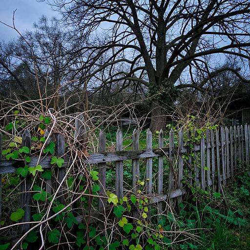 Photograph of a weathered wooden fence with overgrown vines, green leaves, and bare tree branches in a dimly lit, overcast garden.