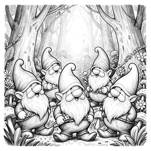 Black and white ink drawing of four whimsical garden gnomes with pointy hats, beards, and glasses, sitting closely together in a forest