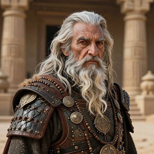 Digital art of an older, stern-looking man with long white hair and beard, wearing ornate, dark medieval armor with gold details, standing in front