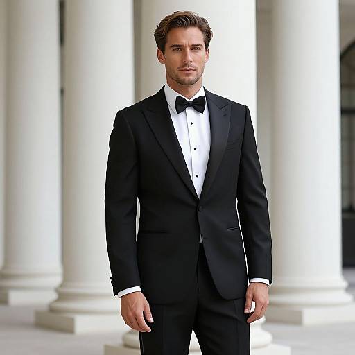 Photograph of a handsome man with short, dark brown hair, wearing a black tuxedo with a white shirt and black bow tie, standing in
