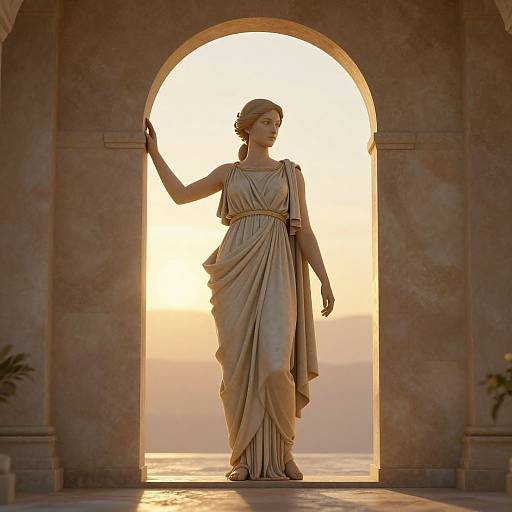 Photorealistic digital artwork of a classical statue of a woman in a flowing, beige toga, standing in an arched doorway at sunset, with