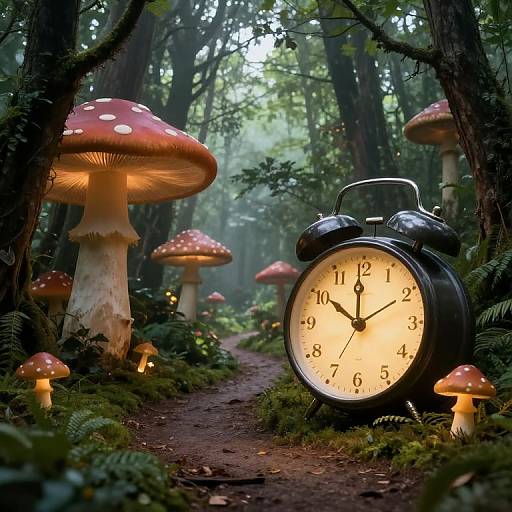 Fantasy forest photograph: Enchanted path lined with glowing red and white-spotted mushrooms, illuminated by a vintage black alarm clock showing 10: