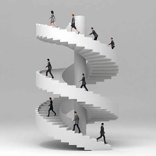 Digital illustration of eight business professionals walking up a spiral staircase made of white, glowing steps against a light gray background.