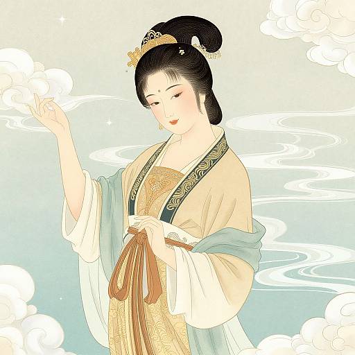 Digital illustration of an elegant East Asian woman with black hair in a bun, wearing a traditional kimono with gold and blue patterns, standing against a dream