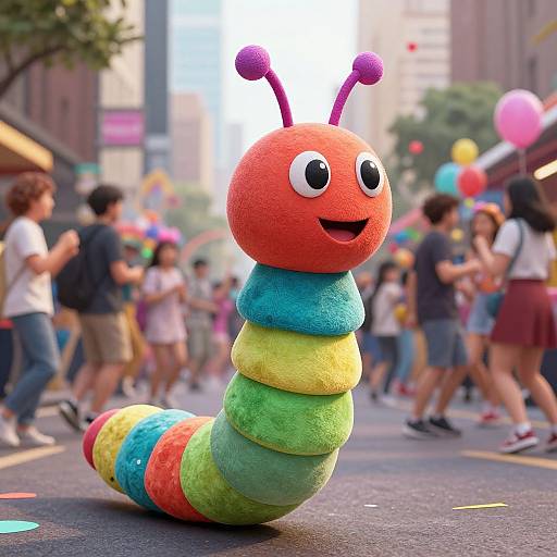 Photograph of a colorful, plush worm costume with large eyes and purple antennae, standing out in a busy, vibrant street parade.