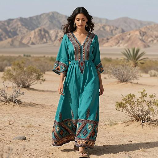 Woman in Teal Ethnic Dress in Desert