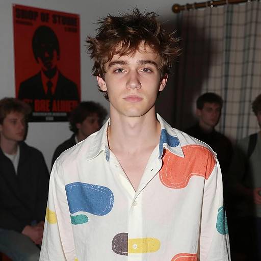 Young Man in Colorful Shirt at Indoor Gathering