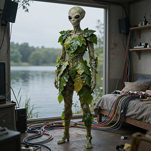 Photograph of a humanoid alien with green leaf armor standing in a cluttered, wired workshop by a lakeside window.