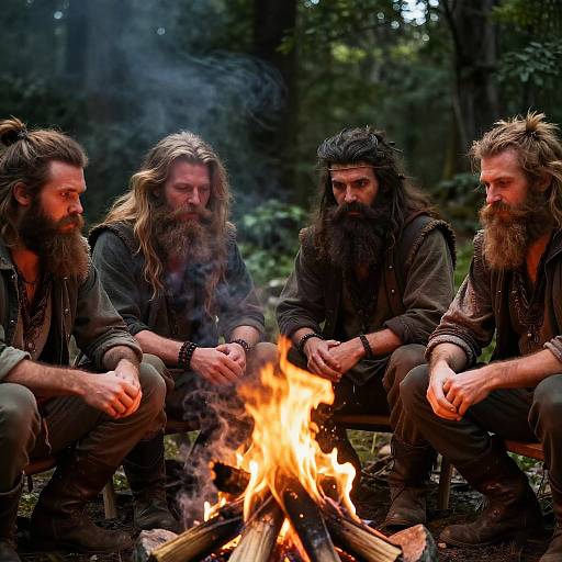 Photograph of four bearded, long-haired men with rugged clothing sitting around a campfire in a dense forest, sharing a serious moment.