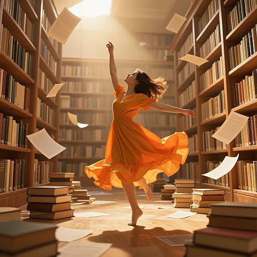 Photograph of a woman in a flowing orange dress dancing in a sunlit library, surrounded by floating papers and stacked books.