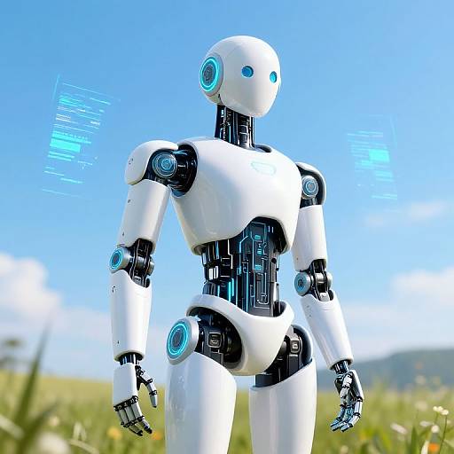 Photorealistic CGI of a white and black humanoid robot with blue glowing eyes and joints, standing in a sunny, grassy field.