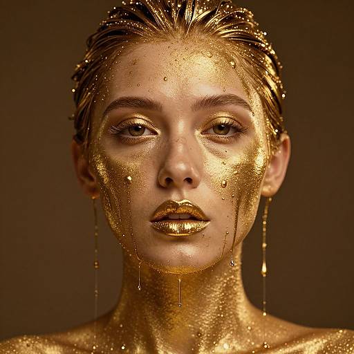 Photorealistic digital portrait of a woman with wet, glistening, golden face and hair, water droplets, serious expression, dark brown background,