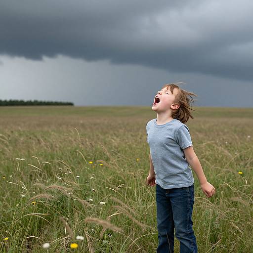 Photograph of a young girl with light brown hair, wearing a gray t-shirt and blue jeans, laughing joyfully in a grassy field under a