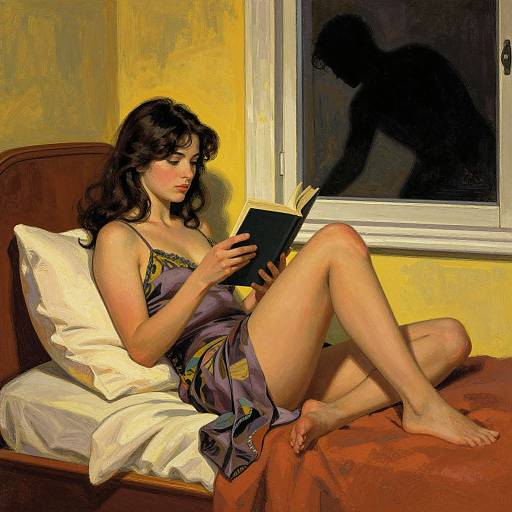 Digital painting of a young woman with dark hair, wearing a purple patterned nightdress, reading a book on a bed, with a shadowy figure
