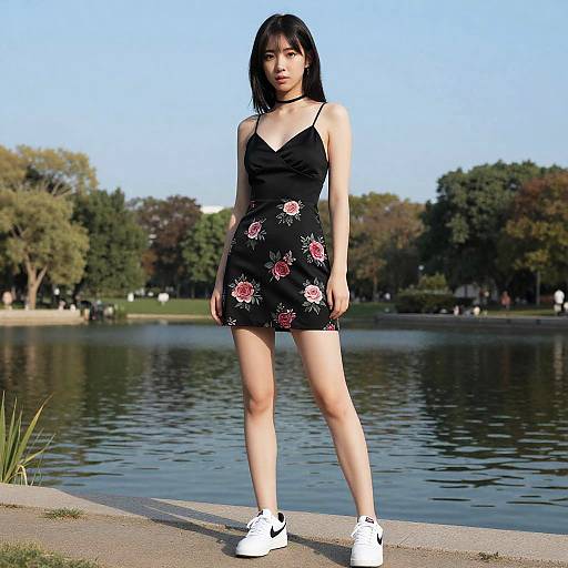 Young Asian woman with black bob haircut, wearing black floral dress and white sneakers, stands by a lake in a park.
