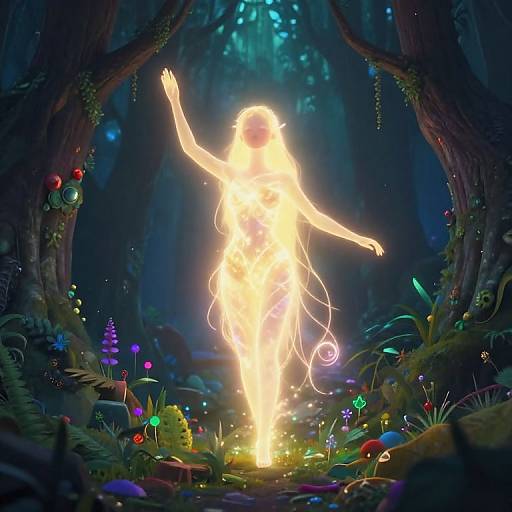 Digital fantasy artwork of a glowing, ethereal woman with flowing hair, standing in a dark, enchanted forest, surrounded by vibrant, bioluminescent