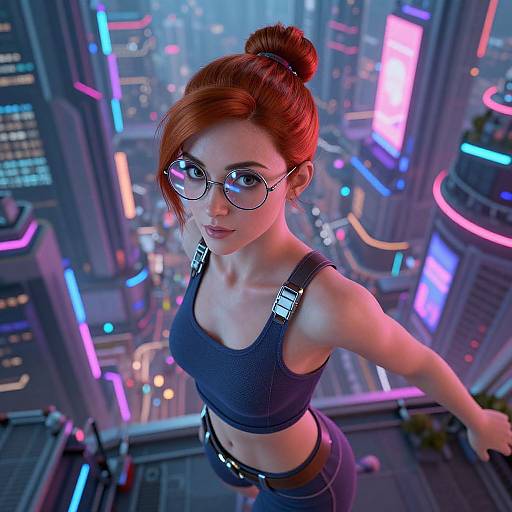 Digital artwork of a red-haired woman in a black crop top and glasses, standing on a futuristic cityscape with neon lights. She looks up, arms