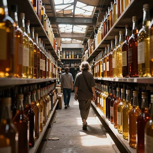 Photograph of a dimly lit, narrow warehouse aisle filled with shelves of amber-colored liquor bottles, a gray-haired person in a suit walking away,